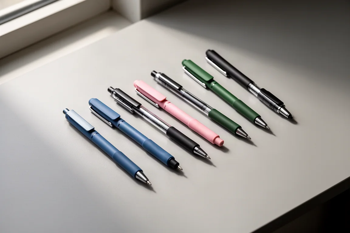 Flat-lay of eight colorful pens, markers, and mechanical pencils on a grey desk