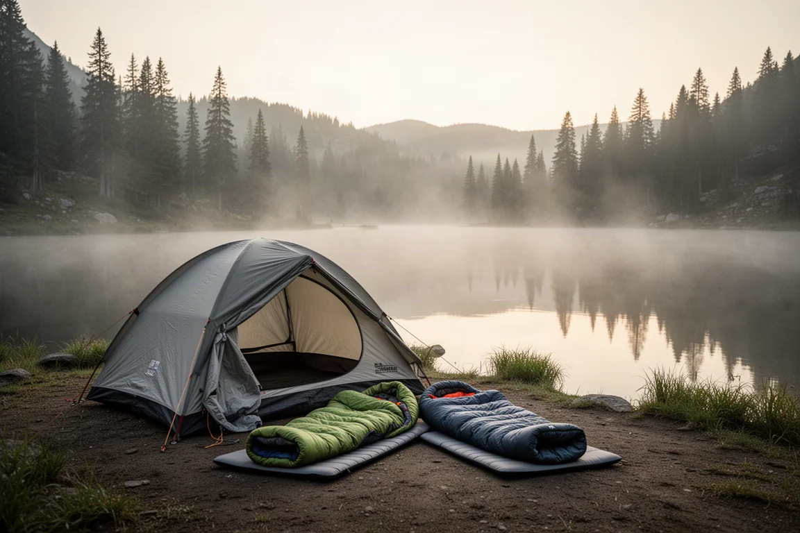 Zona de acampada al amanecer con una tienda de campaña, esterillas y un lago alpino entre la niebla
