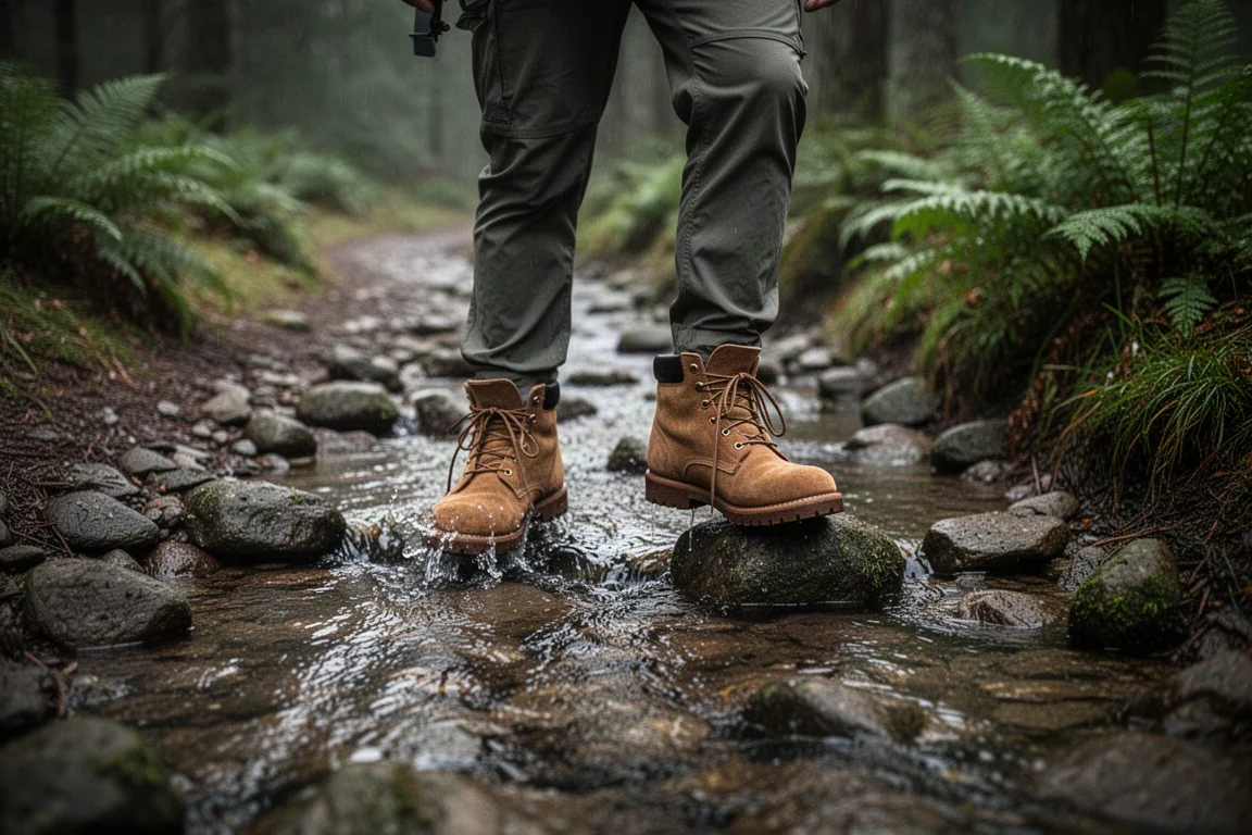 Botas de senderista cruzando un arroyo poco profundo en un sendero forestal húmedo