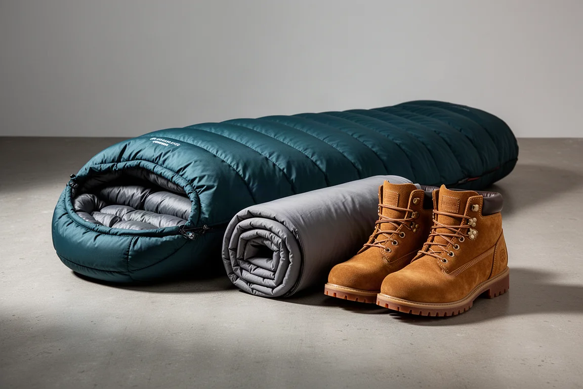 Down sleeping bag, synthetic sleeping bag and suede hiking boots on a concrete surface