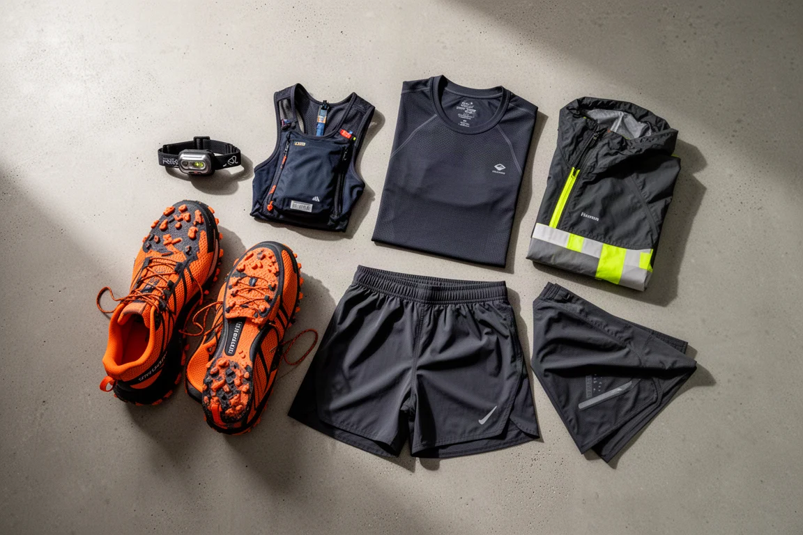 Flat-lay of budget trail running kit including shoes, race vest, jacket, tops and head torch