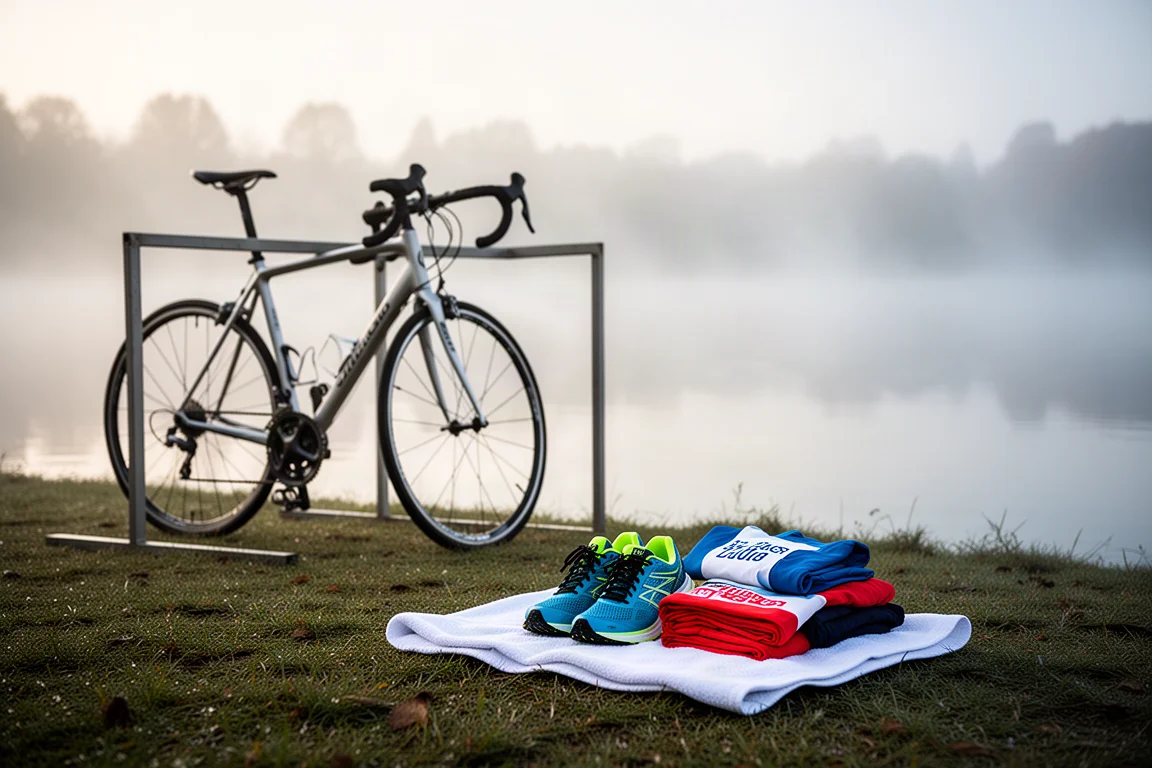 Tävlingsmorgon vid sjön med en parkerad cykel, handduk och löparskor framlagda