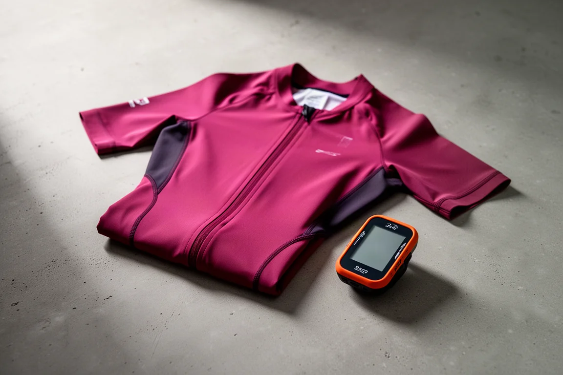 Short-sleeve triathlon race suit folded next to a small orange bike computer on concrete