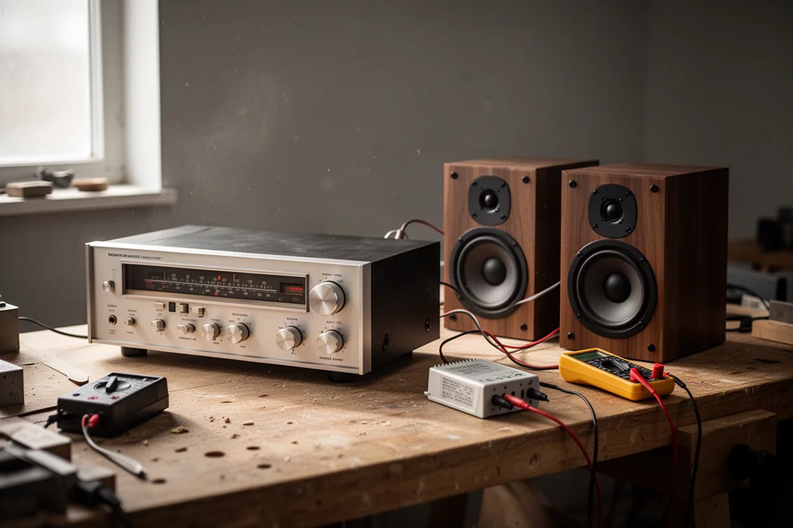 Ricevitore stereo vintage su un banco da lavoro accanto a piccoli diffusori da scaffale e a un convertitore di corrente