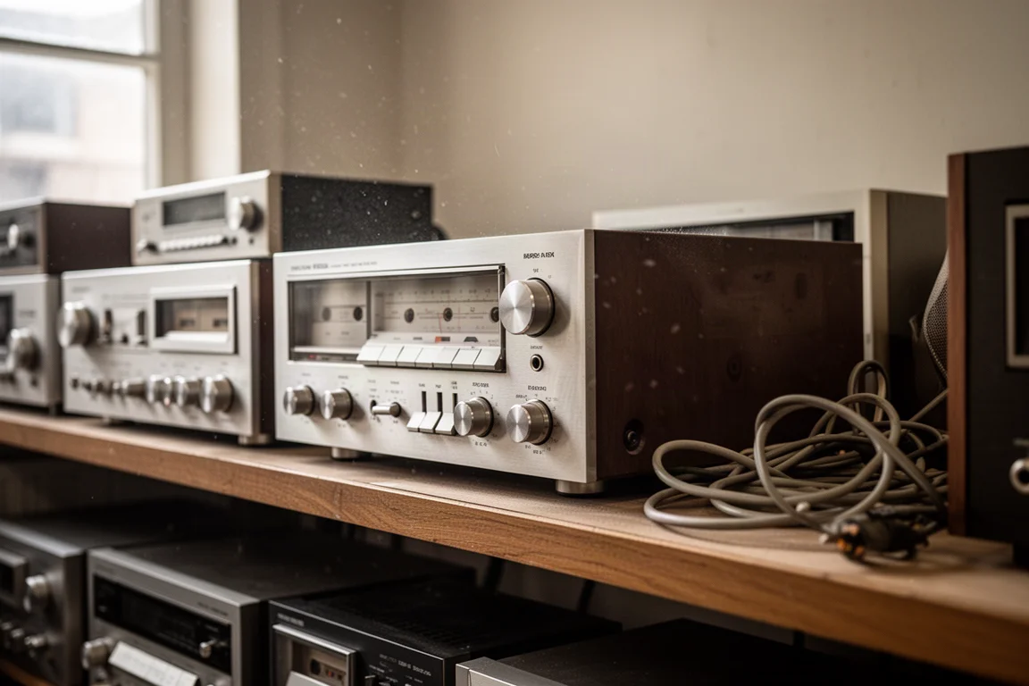 Scaffale di ricevitori stereo usati e piastre a cassette in un negozio dell'usato con luce morbida dalla finestra