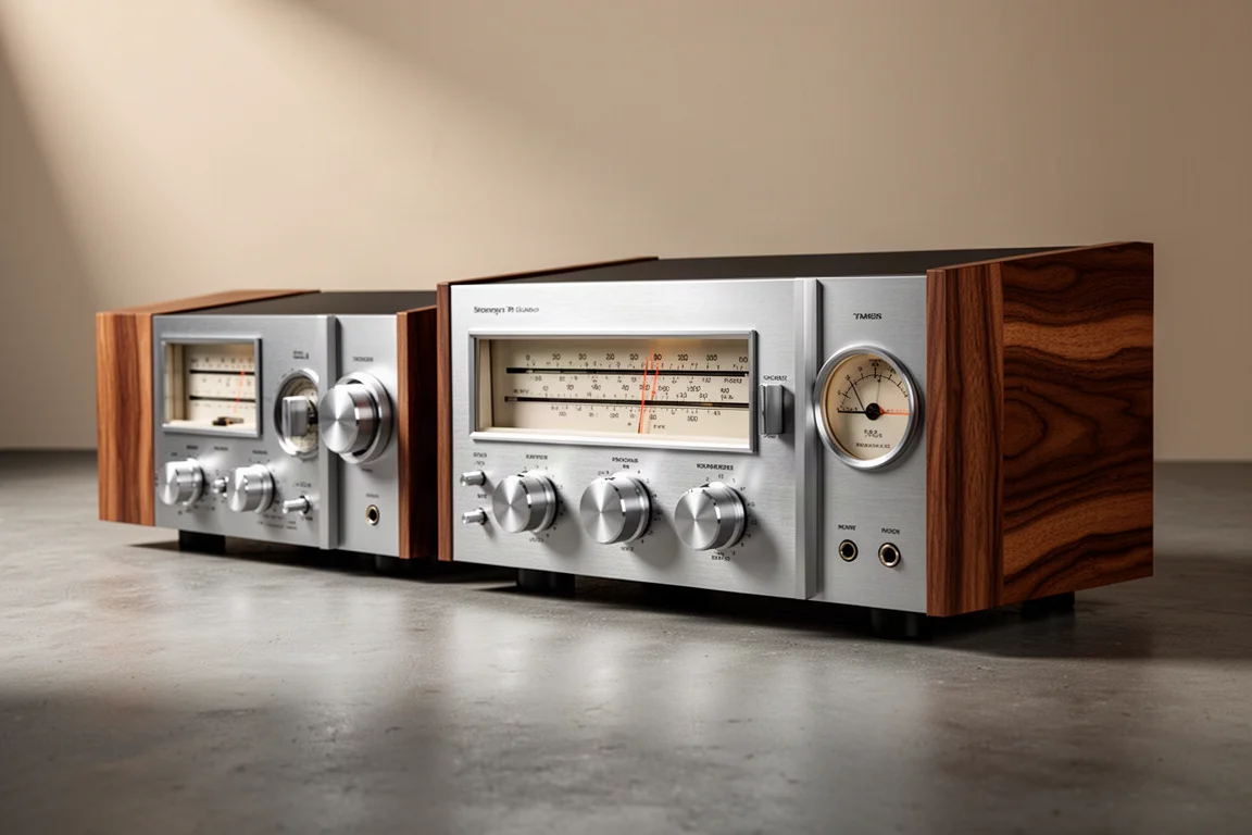Three vintage silver-faced stereo receivers arranged on a concrete surface in soft studio light