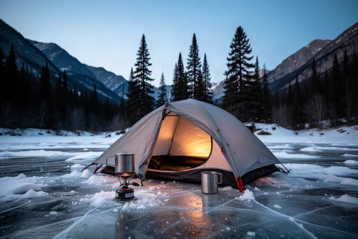 Campamento invernal sobre suelo congelado al atardecer con una tienda iluminada y siluetas de montañas