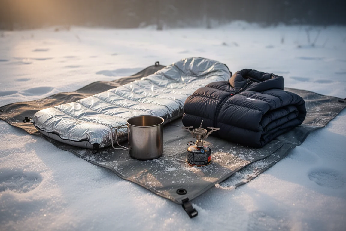 Equipo de acampada invernal extendido sobre la nieve al amanecer con colchoneta, chaqueta y olla