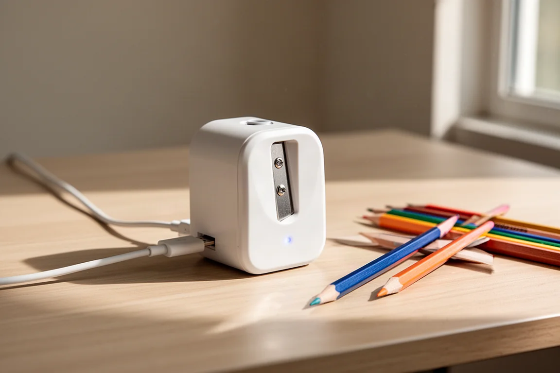 Temperamatite elettrico su una scrivania con cavo di ricarica USB collegato