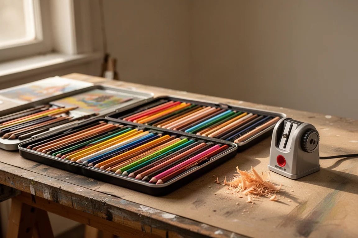 Un artista tempera un set completo di matite a un banco di lavoro in studio