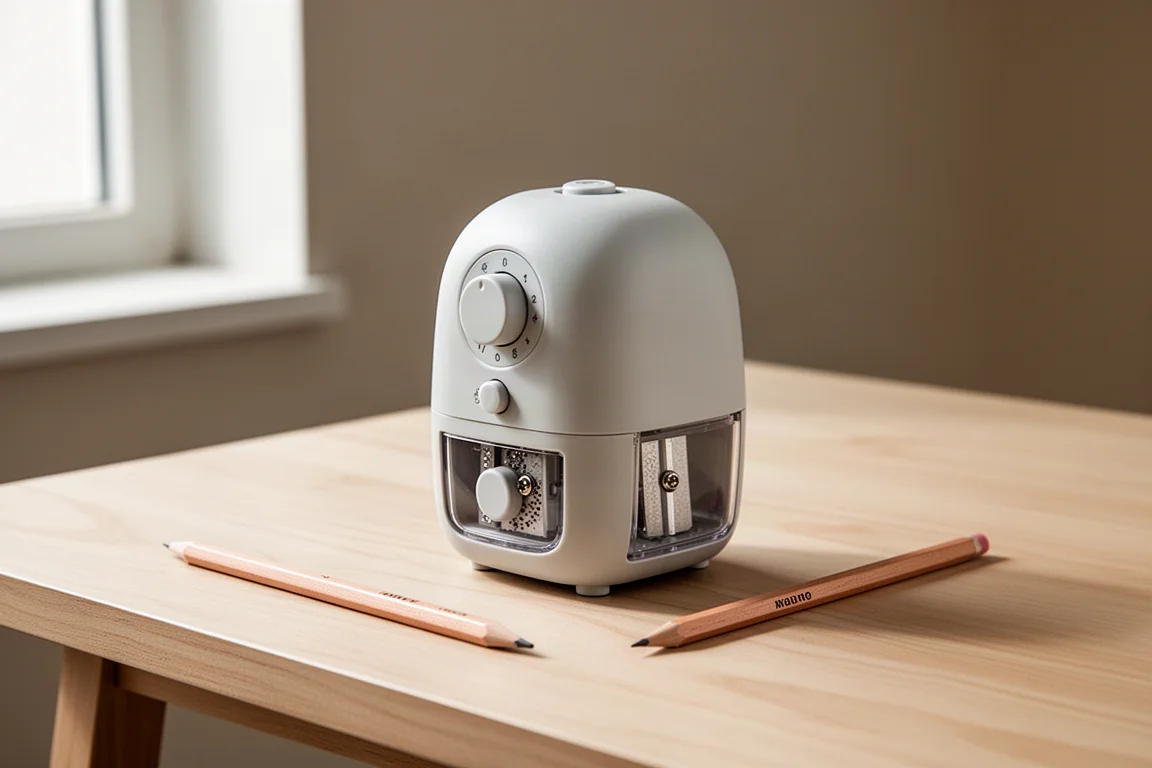 Compact white electric pencil sharpener on a wooden artist desk beside a colour pencil