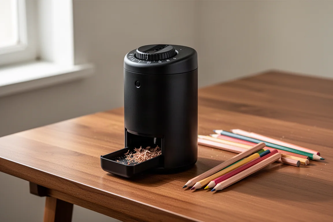 Matte black electric pencil sharpener with dial and shavings tray on a wooden artist desk
