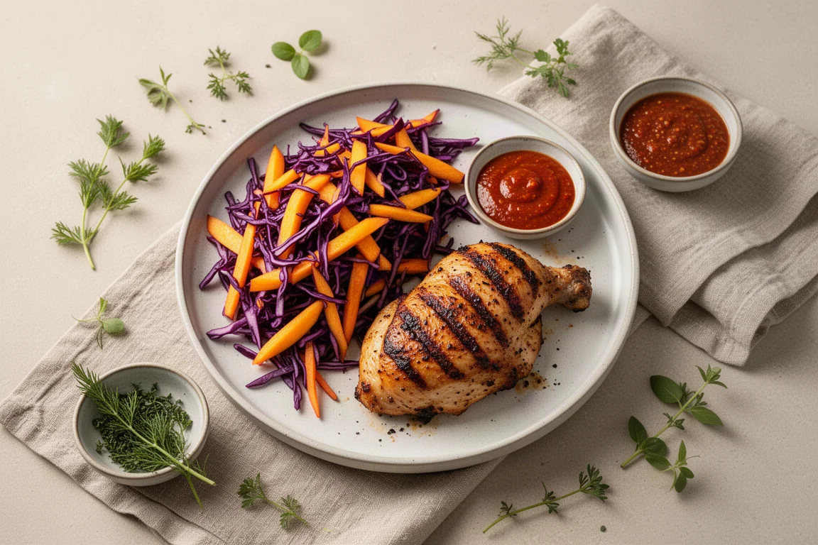 Grilled piri piri chicken beside a vibrant mango and red cabbage slaw on a rustic table