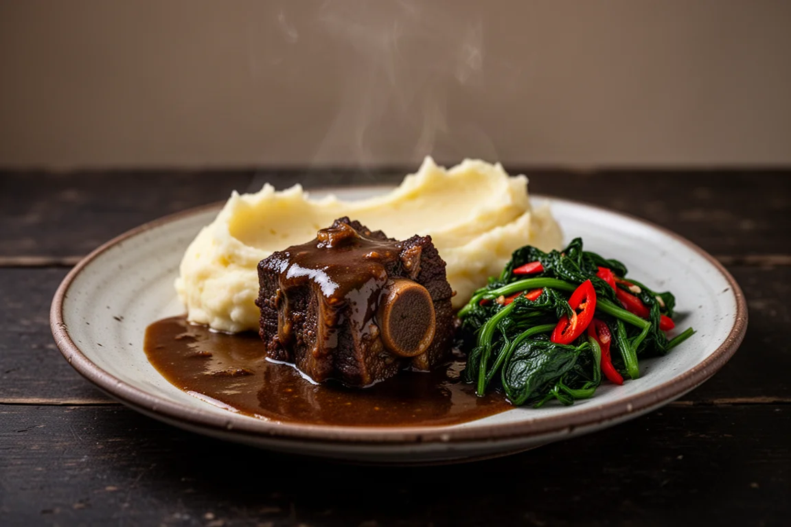Rich oxtail stew with mashed potatoes and braised greens served on a ceramic plate