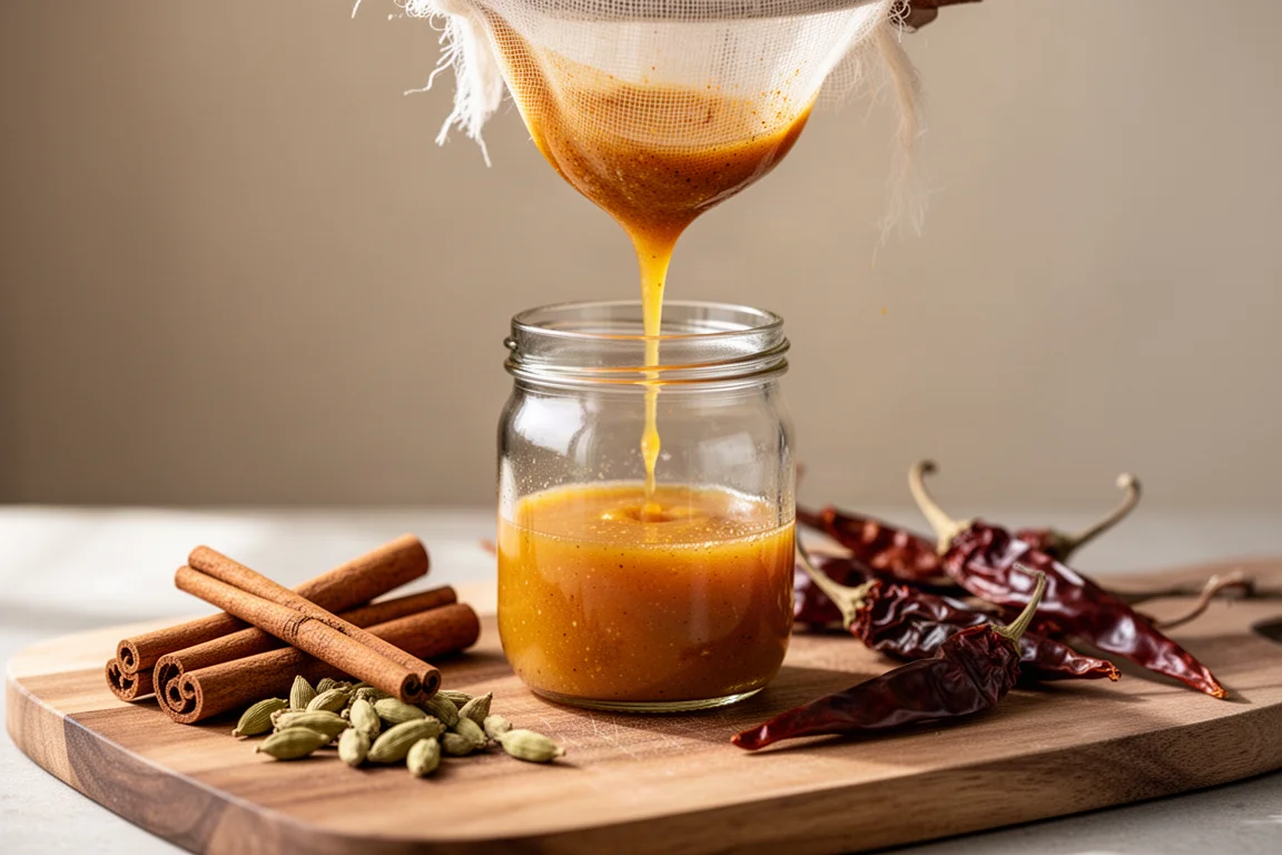 Spiced clarified butter being strained through cheesecloth into a glass jar in a home kitchen