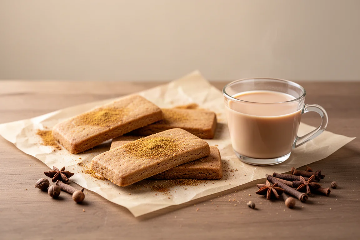 Shortbread cookies spiced with black pepper and vanilla next to a glass cup of chai