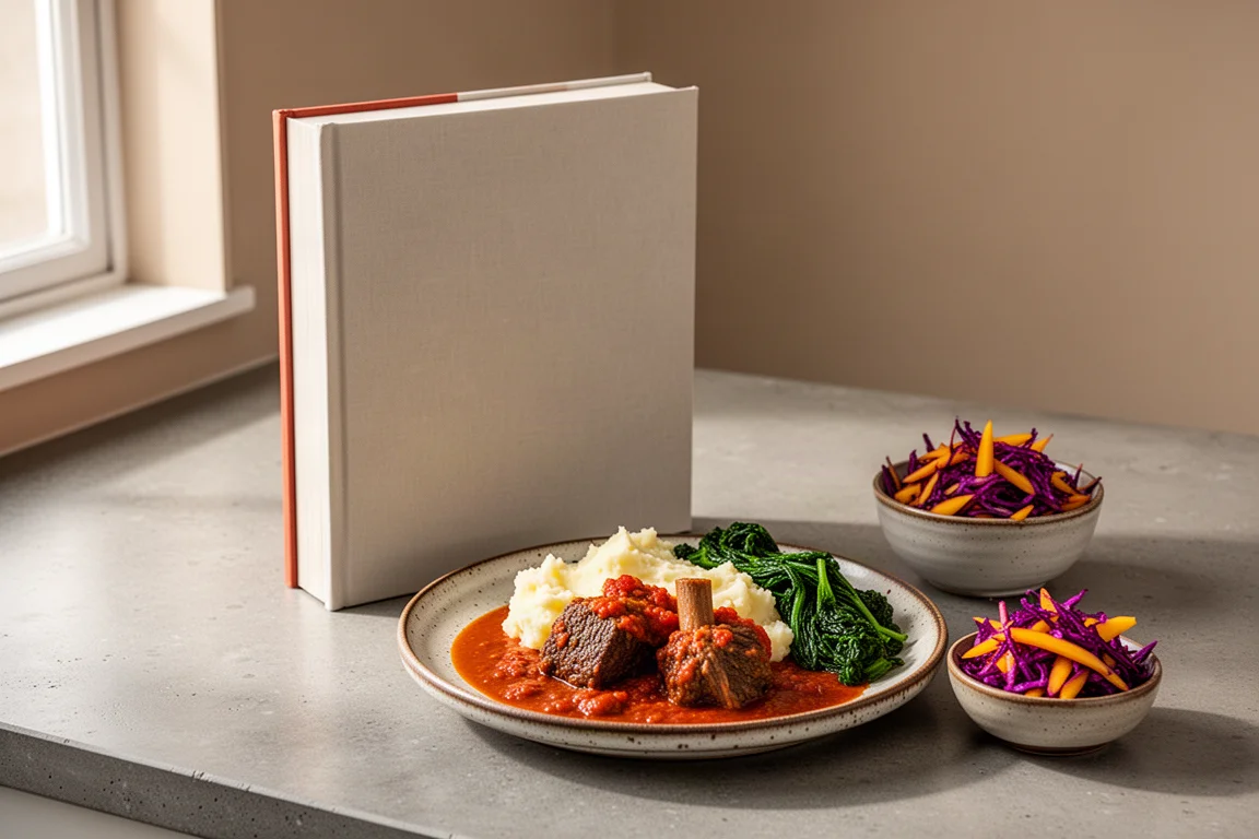 Hardcover African cookbook beside a plate of oxtail stew and colorful mango slaw