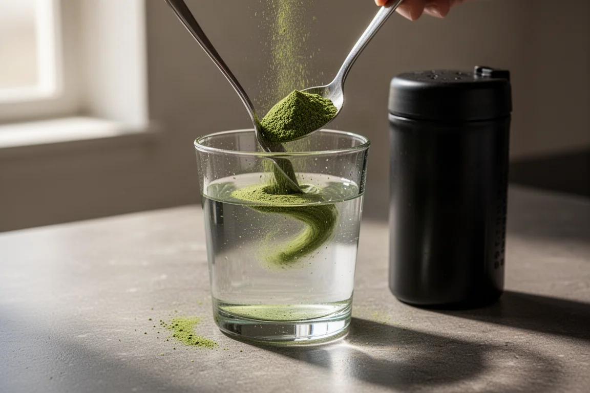 Integratore in polvere verde sbattuto in un bicchiere d'acqua