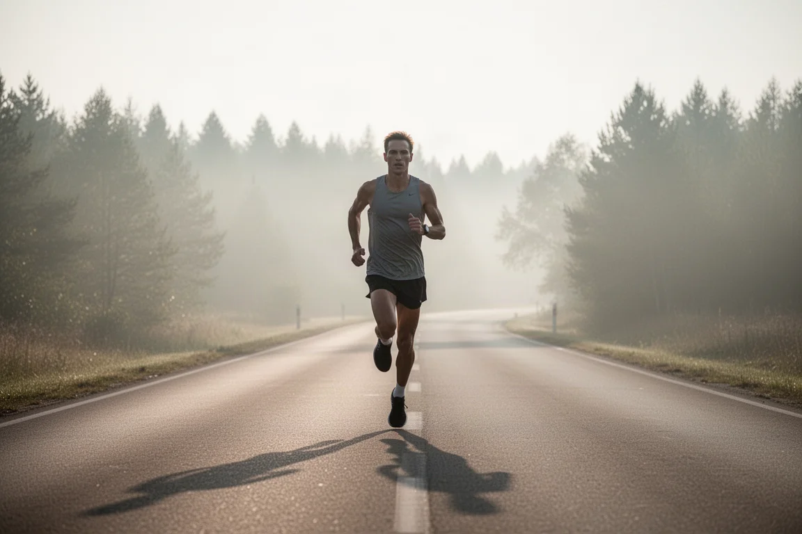 Runner che si allena da solo su una strada aperta nella morbida luce del primo mattino