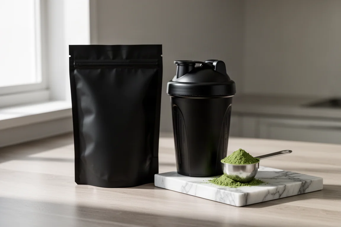 Matte black supplement pouch and shaker bottle on a kitchen counter