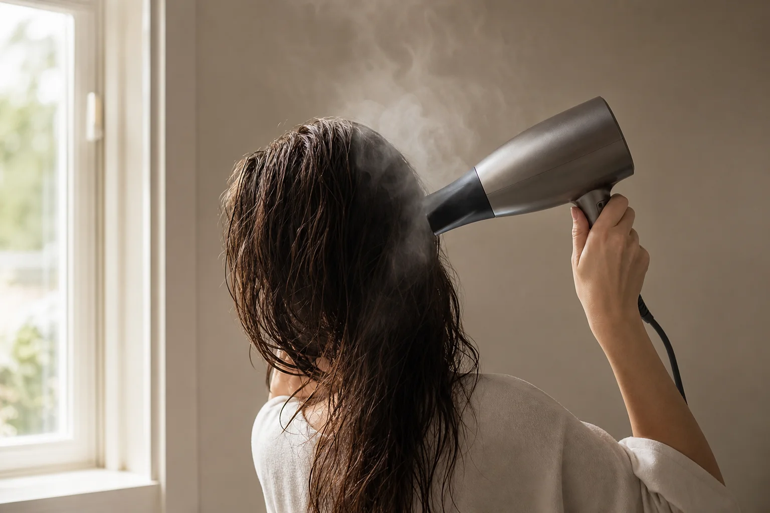 Person using a hair dryer to dry and style wet hair with steam visible