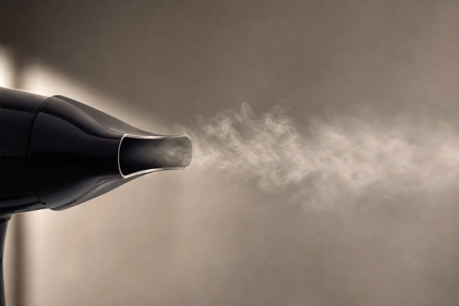 Close-up of warm air and steam flowing from hair dryer nozzle