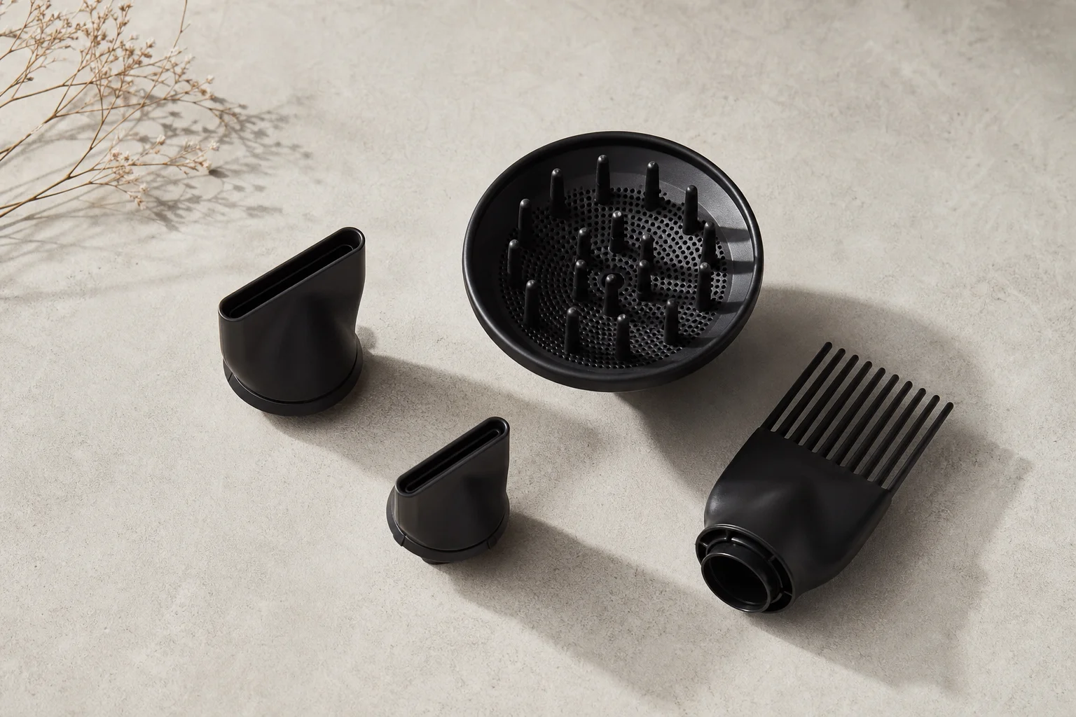 Hair dryer attachments and accessories arranged on a neutral surface