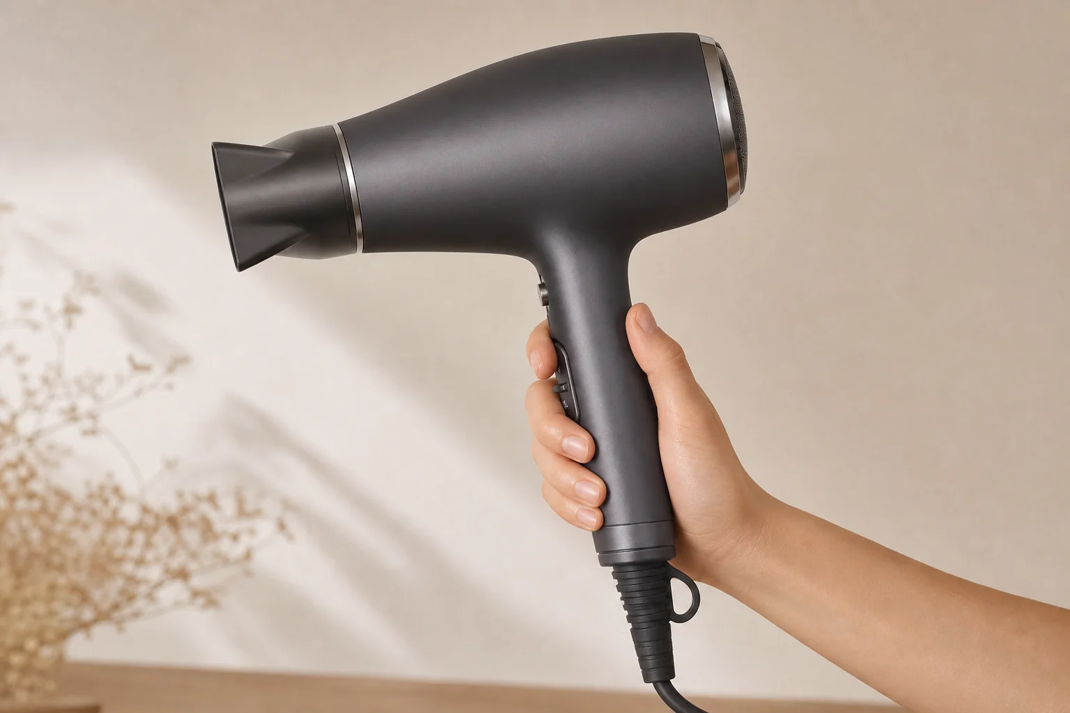Hand holding a hair dryer demonstrating lightweight ergonomic grip