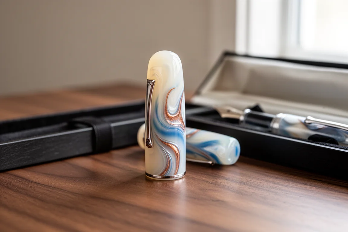 Dop van gevlochten blauwe en koperkleurige vulpen van hars liggend op een houten bureau