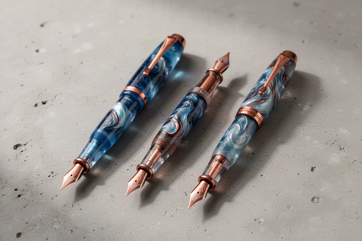 Drie vulpen van hars naast elkaar met verschillende vlopatronen van hetzelfde materiaal