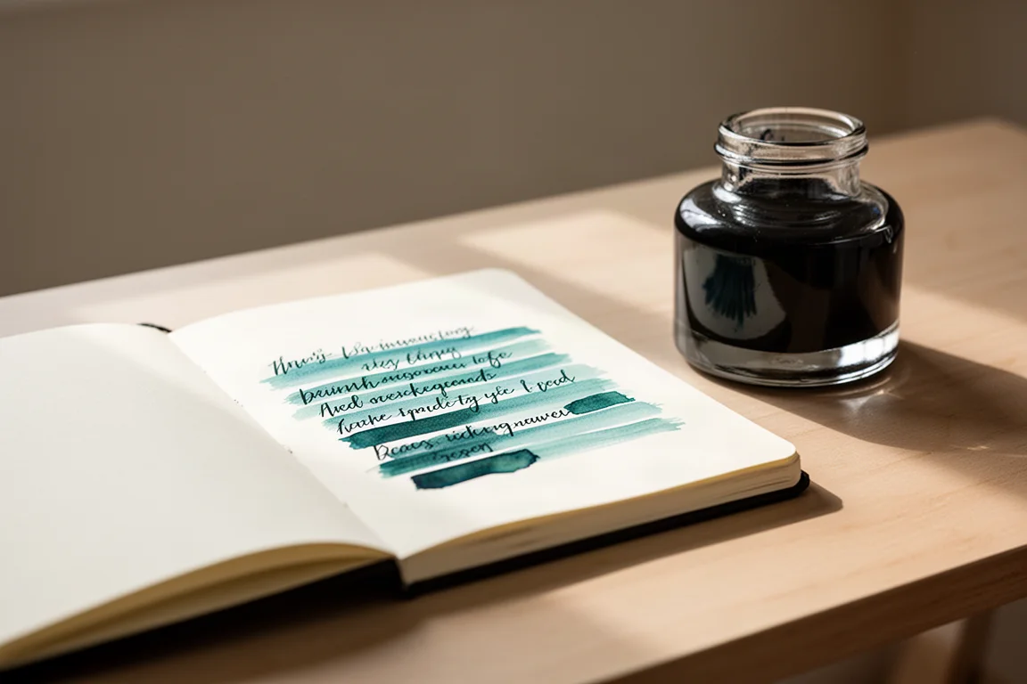 Open notitieboek met verse inktstrepen naast een glazen inktfles op een bureau
