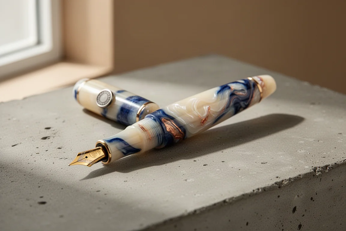 Penna stilografica in resina blu e rame con motivi vorticosi appoggiata su una superficie di cemento