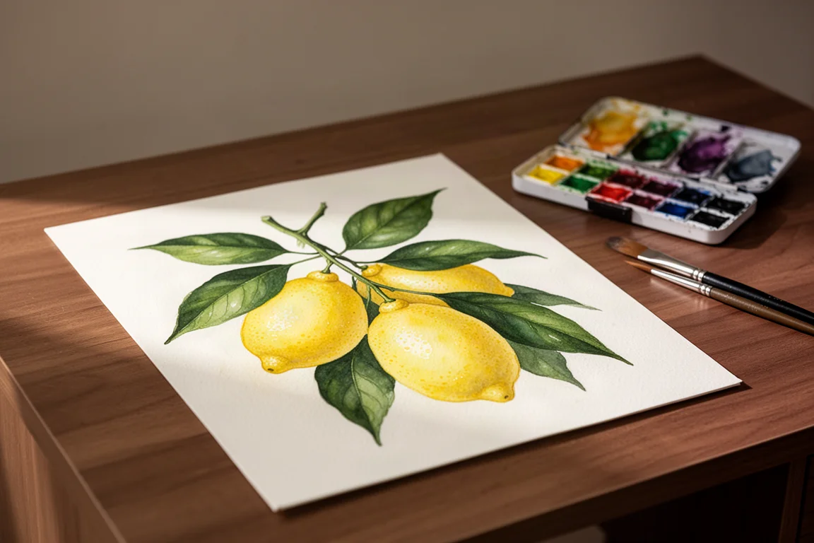 完成於木桌上的檸檬植物水彩畫作