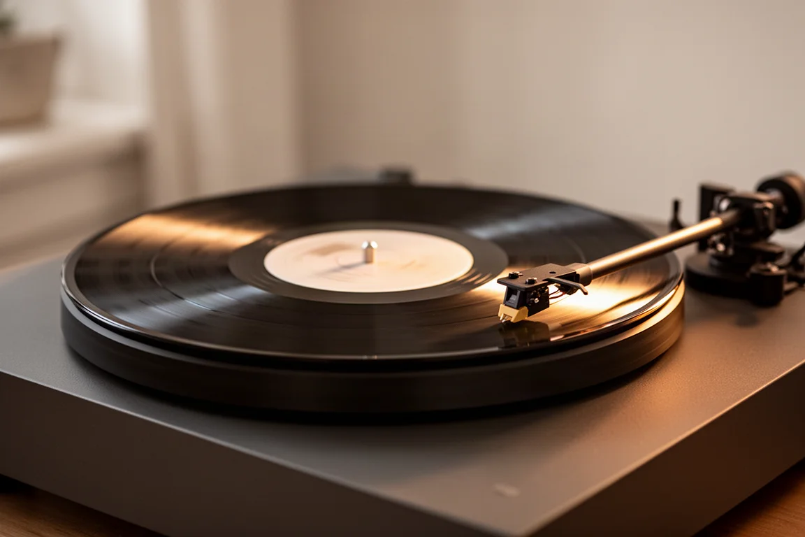 Närbild av en vinylskiva som snurrar på en skivspelare i varmt ljus