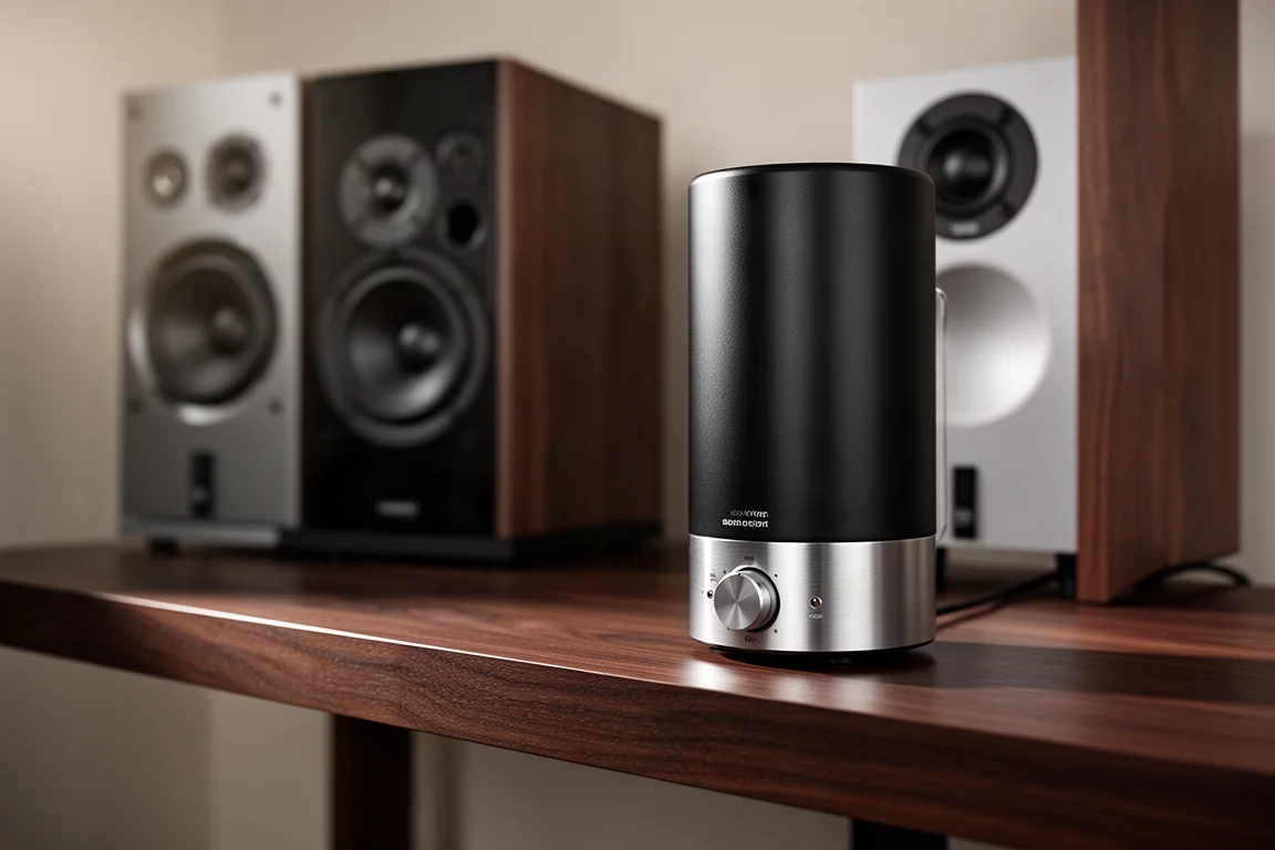 Compact tube-shaped audio amplifier on a walnut shelf with speakers behind