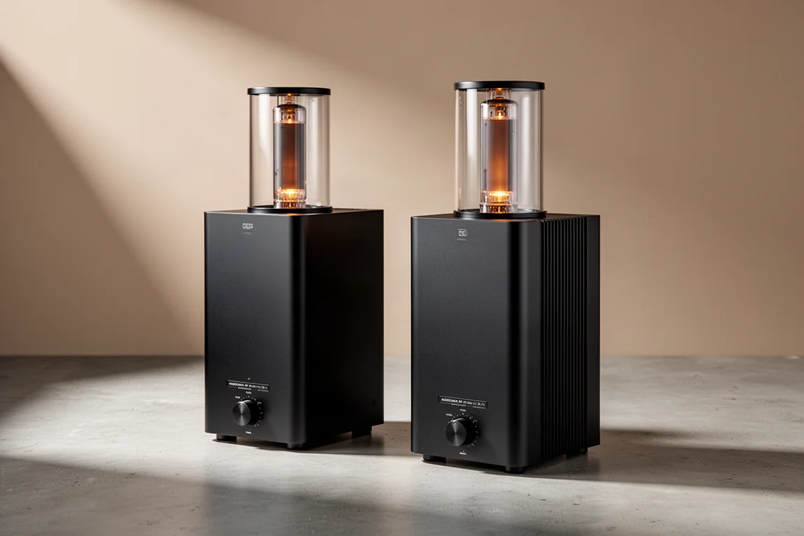 Two tall monoblock amplifiers with glowing tube-like enclosures on a concrete surface