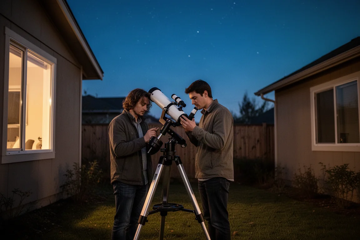 Astrofilo dilettante che sistema un telescopio in giardino al tramonto