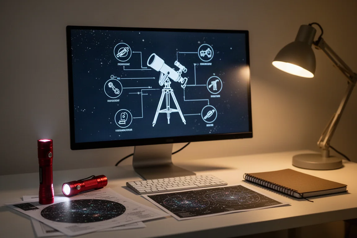 Postazione desktop con lo schema di un setup di telescopio sul monitor e accessori astronomici sulla scrivania