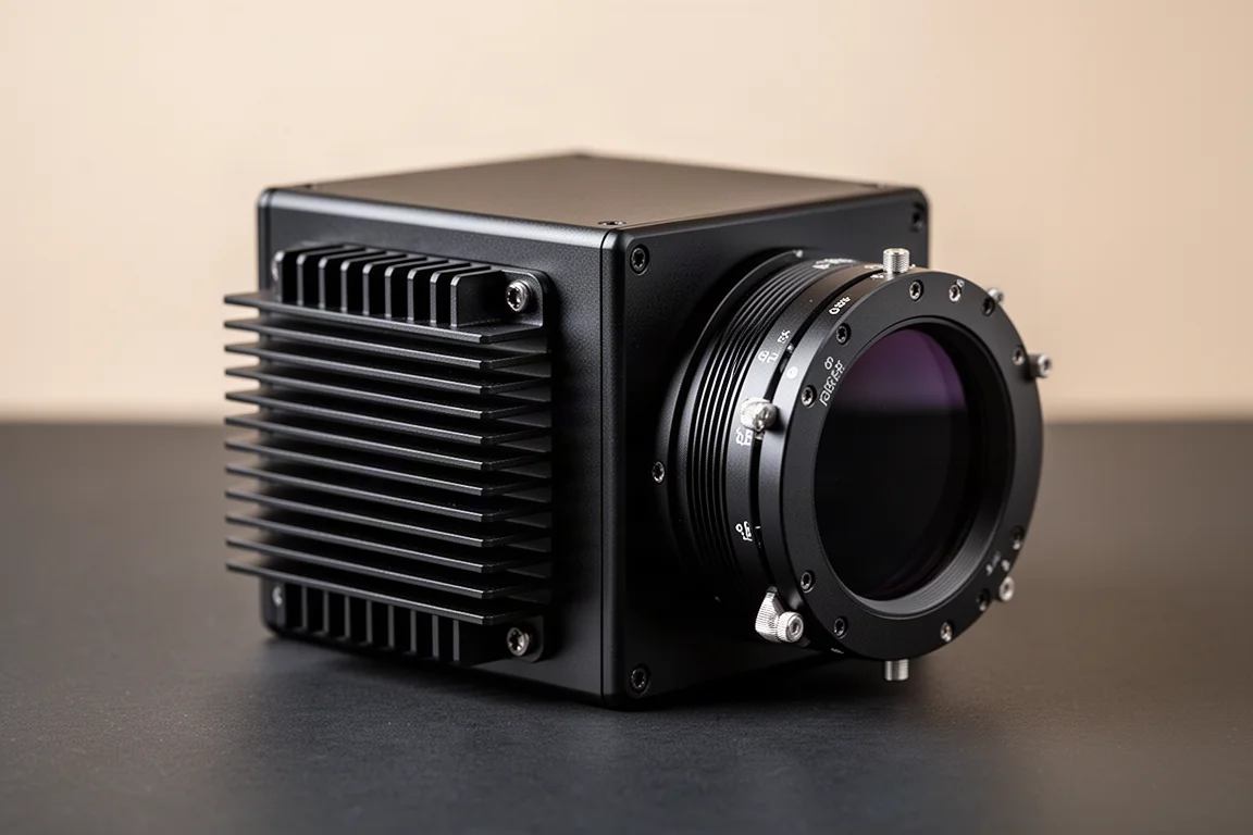 Primo piano di una camera astronomica monocromatica e di una filter wheel su una superficie scura