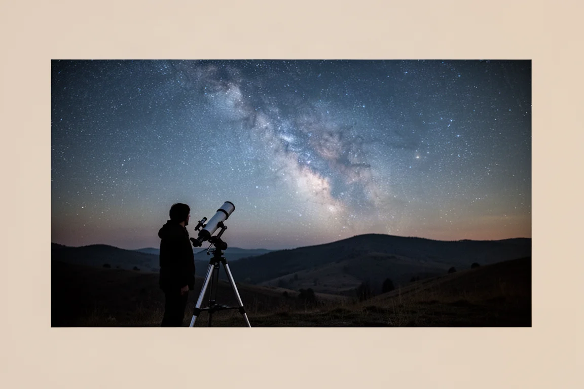 Persona che osserva una nebulosa attraverso un telescopio in una notte serena