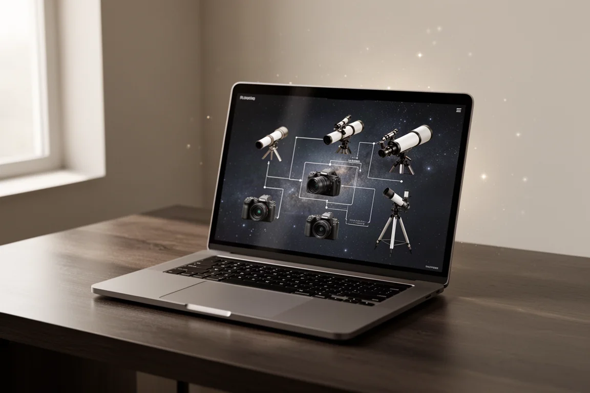 Laptop on a dark wooden desk showing an abstract astronomy gear planning interface