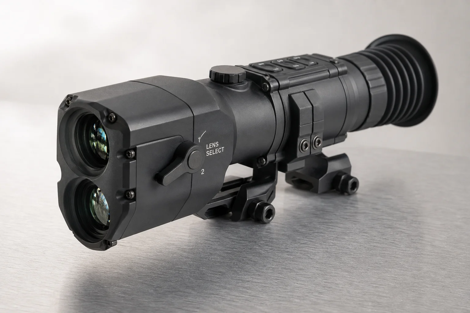 Five thermal imaging scopes displayed on concrete surface