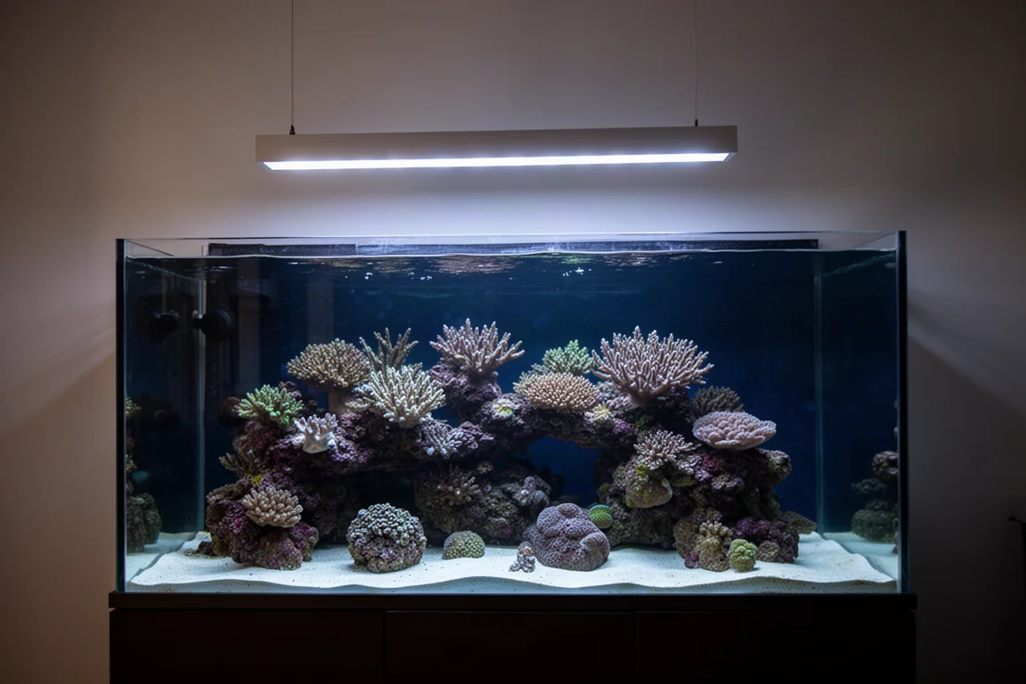 Riffaquarium, gleichmäßig von oben durch eine schlanke horizontale LED-Leuchtleiste beleuchtet
