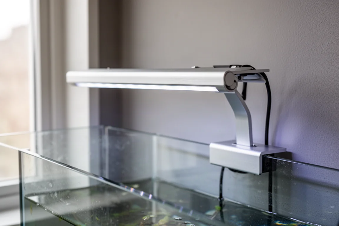 Schlanke LED-Leuchtleiste über einem Becken auf einer flachen Beckenauflage montiert
