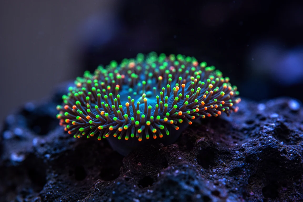 Makroaufnahme von Korallenpolypen, die unter aktinisch blauem Aquarienlicht leuchten