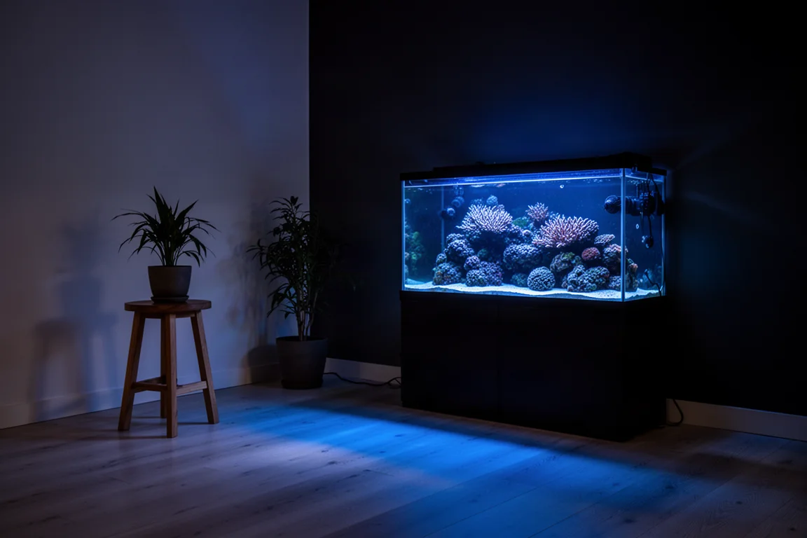 Dämmriges Wohnzimmer in der Abenddämmerung mit sanft leuchtendem Riffaquarium in der Ecke