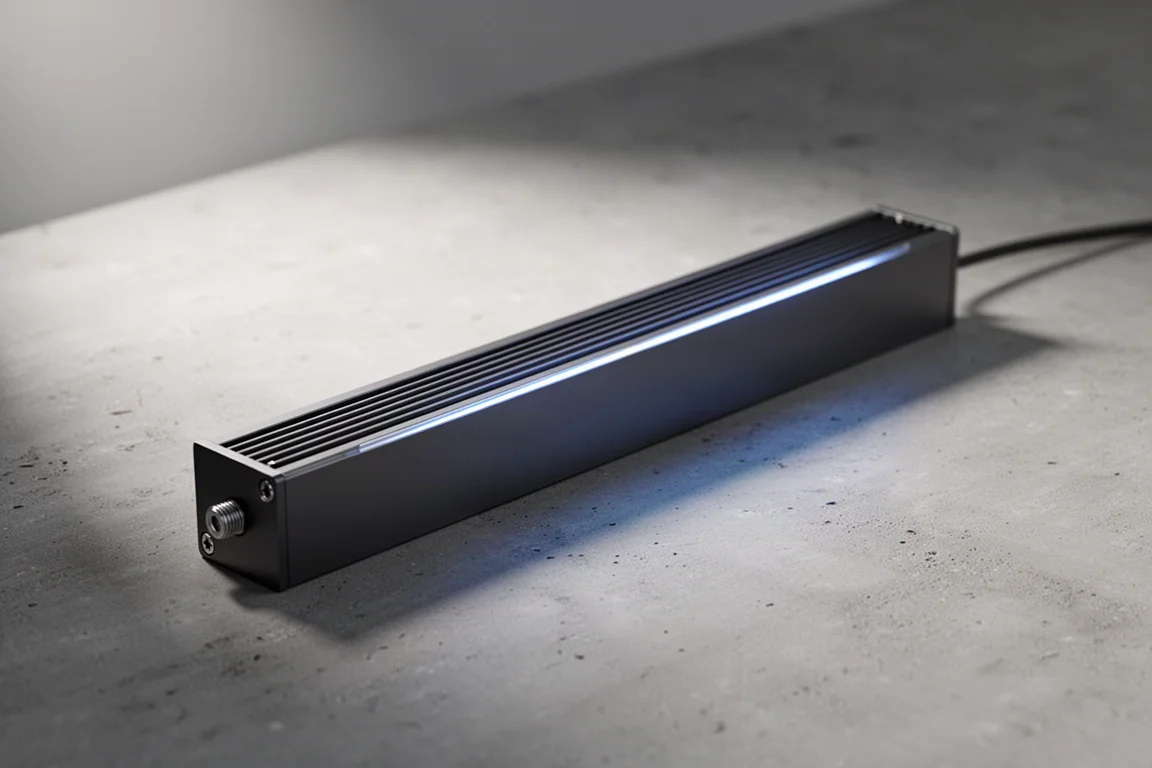 マットなコンクリート面に置かれたスリムなアルミ製水槽用LEDストリップライト