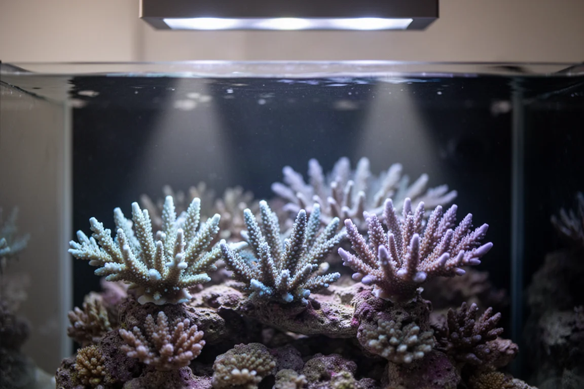 Riffaquarium von oben beleuchtet mit sichtbaren Lichtkegeln und verzweigten Korallen in Blautönen