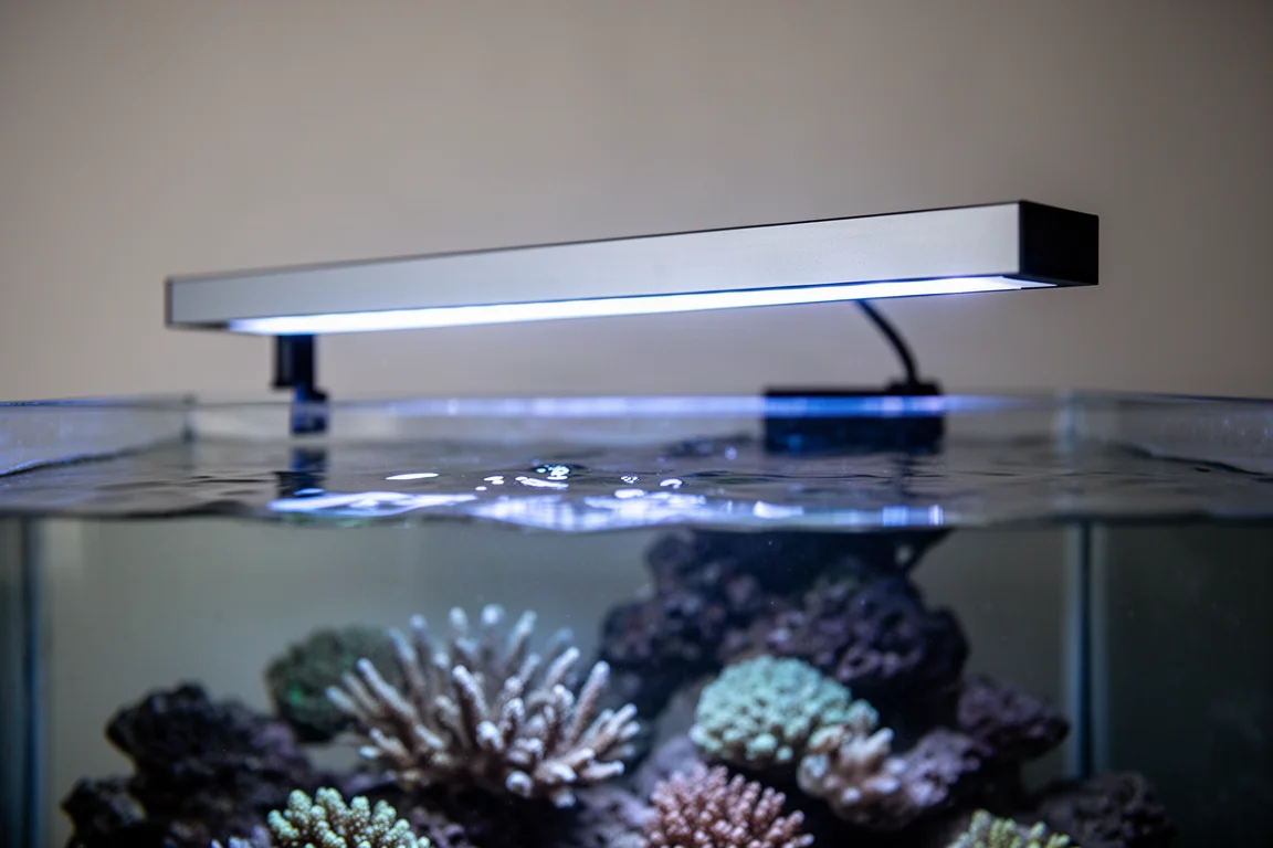 Schlanke Leuchtleiste über einem Riffbecken montiert, die kühles blaues Licht auf das Wasser reflektiert