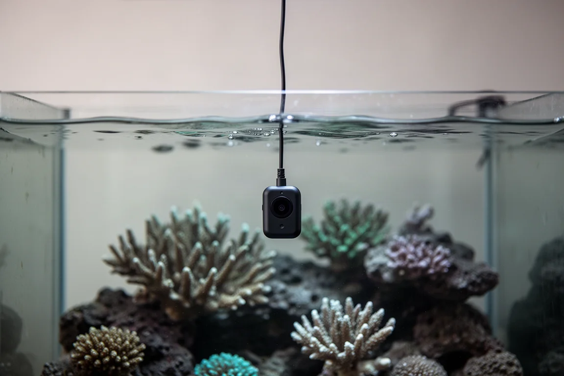 PAR-Meter-Sensor, an einem dünnen Kabel über den Korallen in ein Riffaquarium abgesenkt